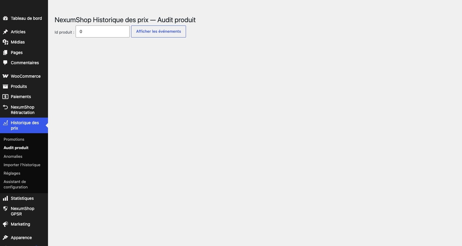 Écran d'audit de l'historique des prix, événements chaînés par hachage