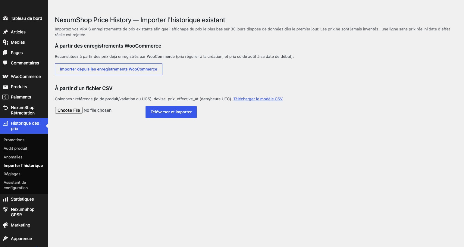 Écran d'import CSV de l'historique de prix