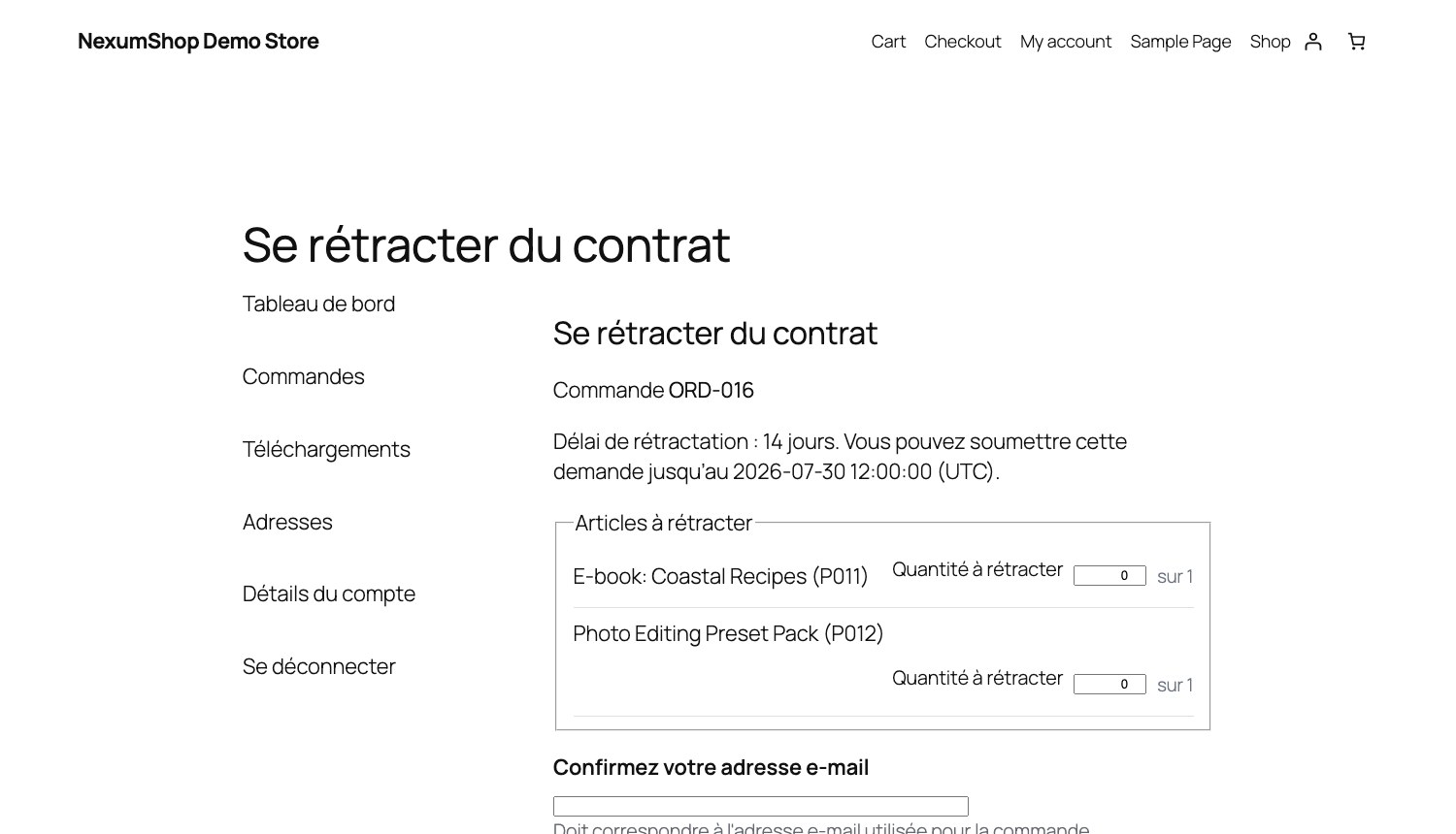 Formulaire de rétractation côté boutique, avec le délai et la date limite affichés
