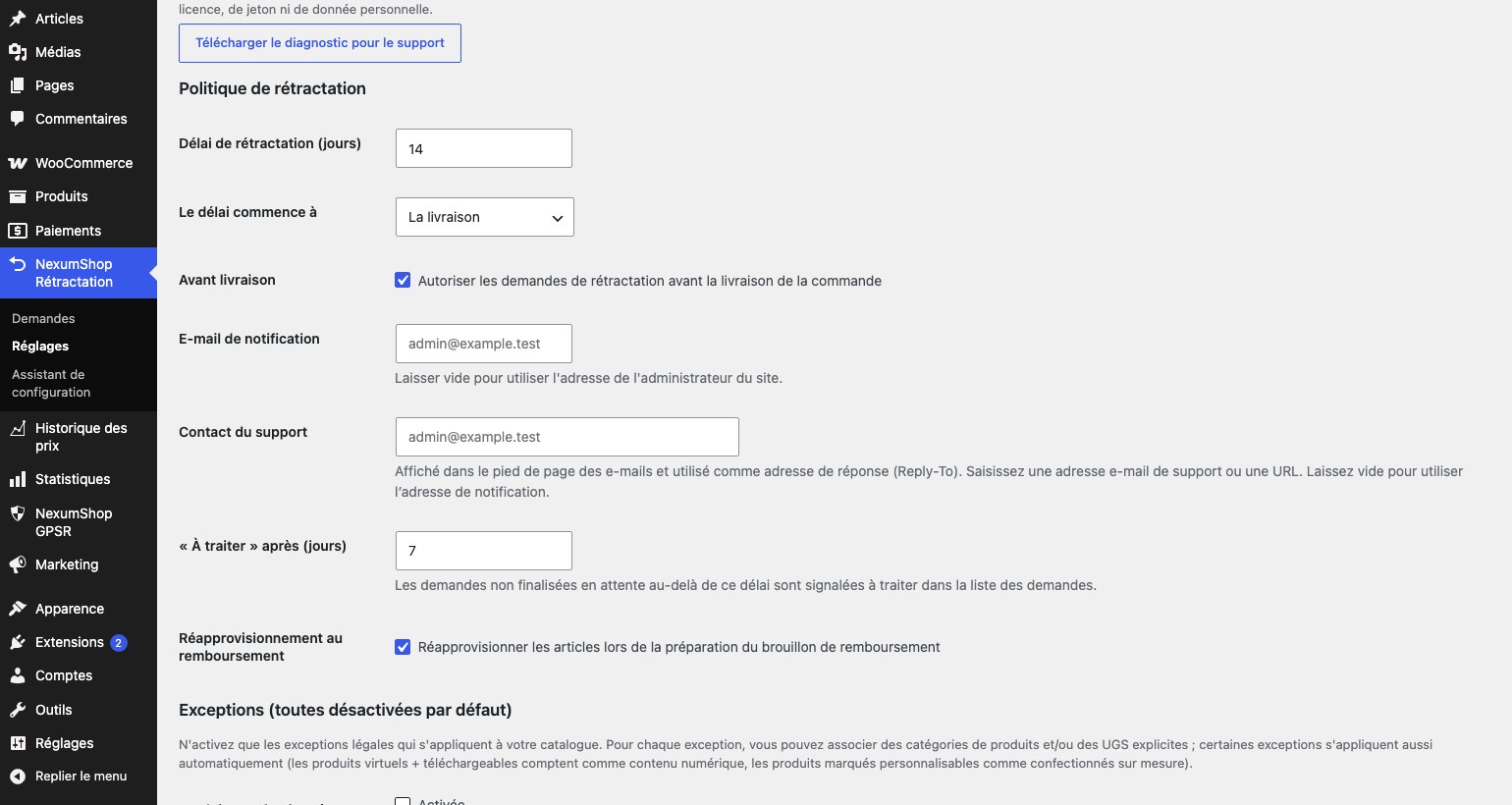 Écran des exceptions, onze catégories toutes désactivées par défaut