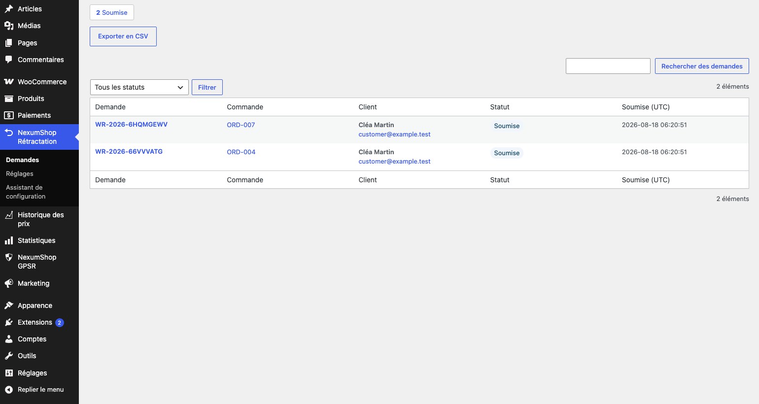 Liste des demandes de rétractation en back-office WooCommerce